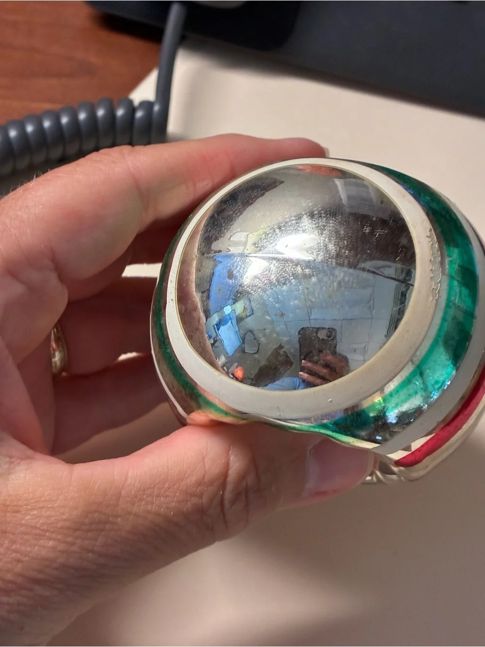 Vintage shiny  brite Silver Glass Holiday Ornament with Red and Green Accents